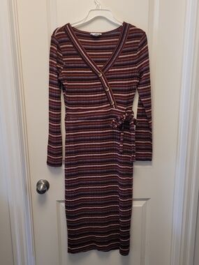 Olive & Oak Striped Wrap Midi Dress Long Sleeve Tie Waist Boho Medium